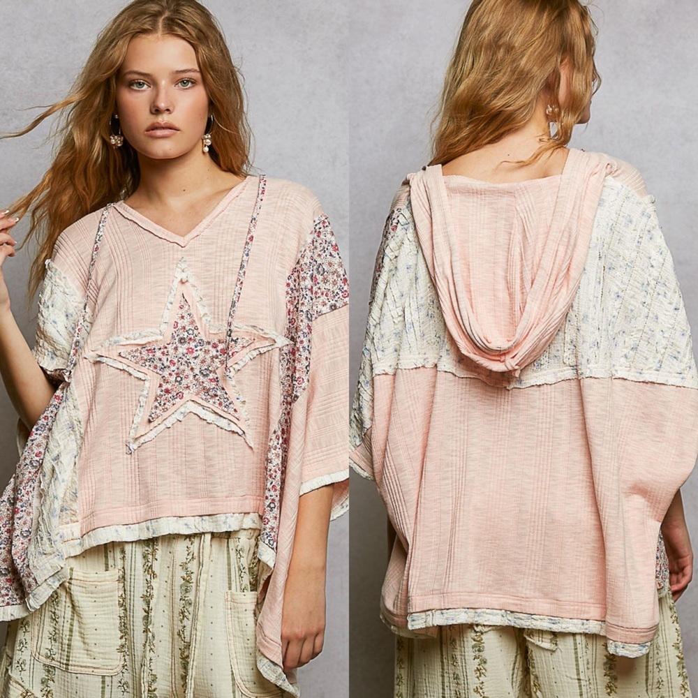 NEW POL Blush Pink Ribbed V Neck Star Patch Hooded Boho Top Size Large - Picture 2 of 5
